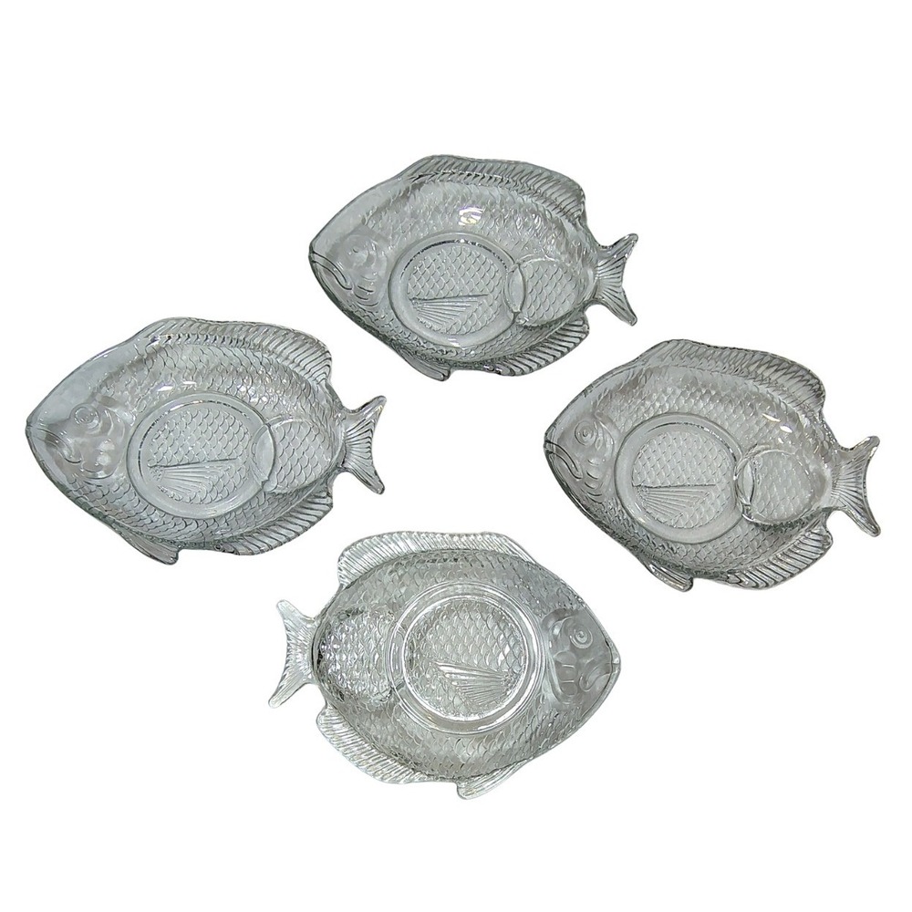Vintage Clear Glass Fish Shaped Appetizer Plates Set of 4 Embossed Beach House
